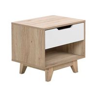 mesita de noche de madera clara con 1 cajon blanco estante abierto dormitorio spencer