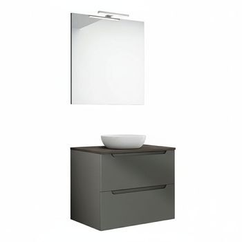 Kibath Mueble De Baño Con Lavabo, Espejo Y Aplique Led Victoria 60x45 Cm Sobre Encimera Acabado Grafito Mate 2 Cajones Suspendido