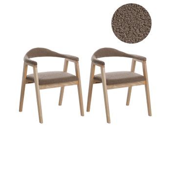 Conjunto De 2 Sillas De Comedor Asiento Tapizado En Poliéster Estructura De Madera De Caucho Respaldo Tapicería De Bouclé Gris Pardo Comedor Marrón Claro Oneco