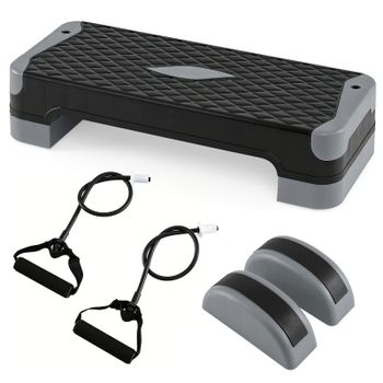 Costway Plataforma Step 3 en 1 Ajustable con 2 Elevadores 2 Equilibradores 2 Bandas Elásticas Antideslizante para Casa Gimnasio Gris