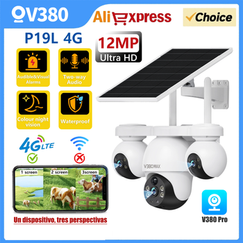 Cámara de seguridad con energía solar V380 PRO 4G de 12 MP 360 °   Ver visión nocturna a todo color No necesita WiFi Monitor remoto