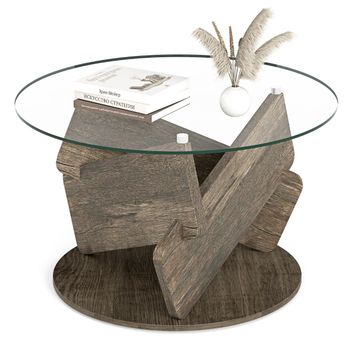 Costway Mesa de Café Redonda de Vidrio Mesa de Centro Moderna de 81 cm con Tapa de Vidrio Templado Transparente Patas de Madera Sólida Mesa Gris