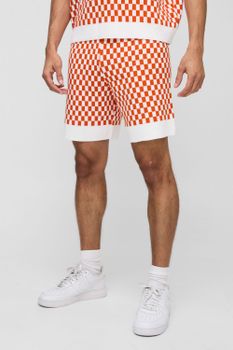 Pantalón Corto Holgado De Punto Con Estampado Jacquard De Cuadros, Naranja