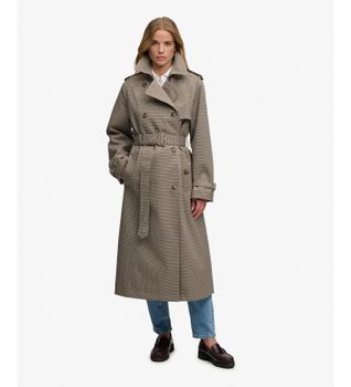 Superdry para mujer. W5012221A Gabardina de Micro Cuadros pata de gallo marrón (M), Casual, Tela