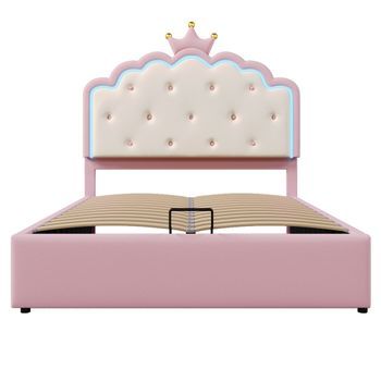 Cama Contenedor Tapizada 140x200cm En Símil Piel Con Led Y Somier De Láminas Rosa