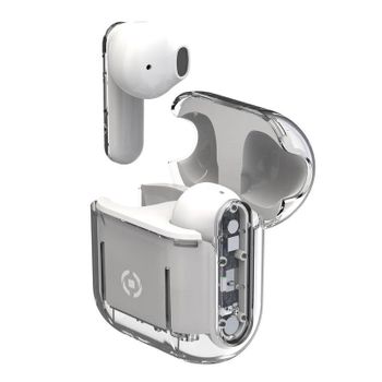 Auriculares Celly SHEER inalámbricos Bluetooth True Wireless, micrófono integrado y estuche de carga, diseño transparente y blanco