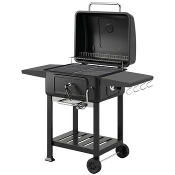 Outsunny Barbacoa de Carbón Portátil con Bandeja y Ventilación Ajustable Gran Parrilla Estantes Laterales Termómetro y Ruedas