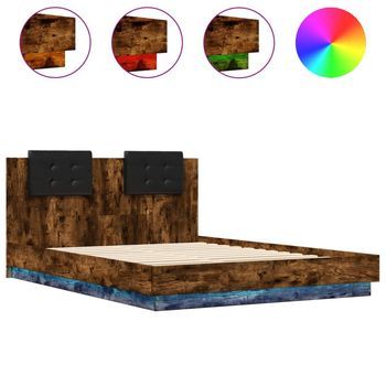 Estructura De Cama Cabecero Luces Led Roble Ahumado 140x200 Cm Vidaxl