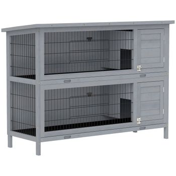 PawHut Conejera de madera de 2 niveles con techo de asfalto y bandeja de fondo, puertas para pequeños animales, 136,4 x 50 x 93 cm, Gris   Aosom España