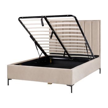 Cama Con Almacenaje Cabecero Acolchado Patas Negras Metal Terciopelo Gris Pardo 140 X 200 Cm Sezanne