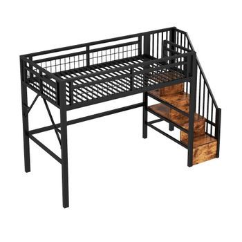 Litera De 90x200, Metálica, Con Led, Escaleras Con Espacio De Almacenamiento, Espacio Libre Para Cambiarse, Negra, Sin Colchón.