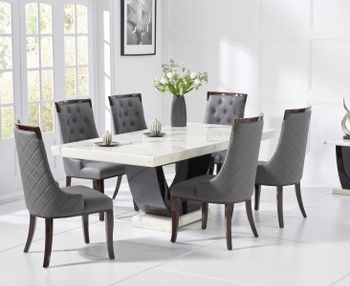 Raphael 200cm White and Black Pedestal Marble Dining Table with Angelica Chairs