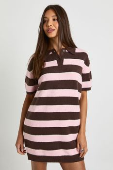 Stripe Collared Oversized Knitted Dress, Brown