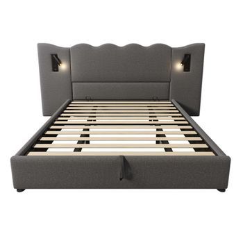 Cama Tapizada Doble 180x200 - Lámpara De Lectura, Carga Usb-c, Cama Con Almacenamiento, Somier De Madera Maciza Y Metal, Lino - Gris
