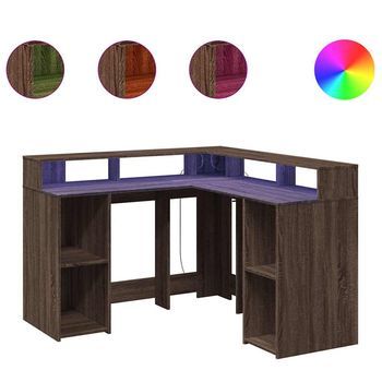 Escritorio Con Led Madera Ingeniería Marrón Roble 130x130x91 Cm Vidaxl