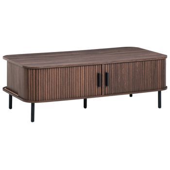 Mesa De Centro Retro Puerta Corredera Mdf Patas De Metal Espacio De Almacenaje Madera Marrón Oscuro Bradley