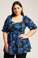 yours london top peplum negro y azul de flores mujer curvy y tallas grandes yours london
