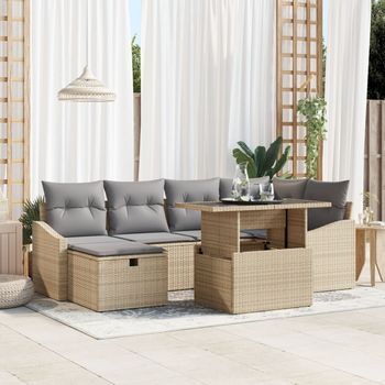 Conjunto De Sofá De Jardín De 7 Piezas Con Cojines Beige Poliratán V2881 Unico / Beige