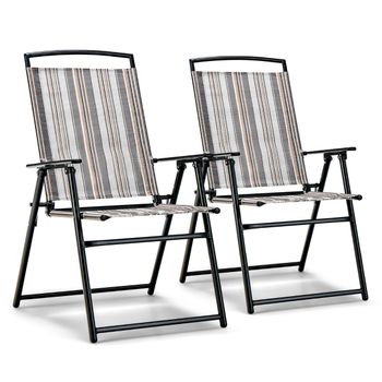 Costway Juego de 2 Sillas Plegables para Patio Sillas Portátiles de Tela con Marco de Metal Carga 150 Kg Sillas De Comedor para Jardín Balcón Gris