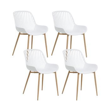 Conjunto De 4 Sillas De Comedor Resistentes Material Sintético Poliéster Madera Patas De Hierro Blanco Kleve