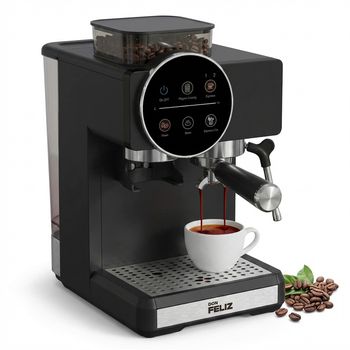 DON FELIZ Cafetera superautomática con Molinillo Integrado 20 Bar 1350W, Tolva de Granos 100g, Depósito 1.8L, Portafiltro 51mm, Vaporizador de Leche, Espresso Frío y Caliente, Cappuccino, Doble
