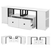 costway mueble de tv modular moderno con amplia encimera 4 estantes abiertos 2 cajones y estructura metalica para salon blanco