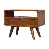 mueble multimedia curvo de madera maciza estilo artesanal mini con 2 cajones color castano