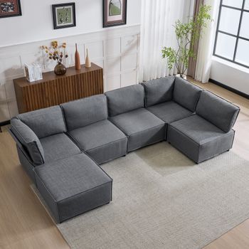 Sofá Modular - Mueble Para Salón - Madera Y Lino - Gris Oscuro (308x152x77cm)