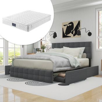 Cama Tapizada 140x200 Gris, 4 Cajones, Somier Lamas, Cabecera Ajustable, Soporte Metálico, Tejido Lino, Con Colchón.