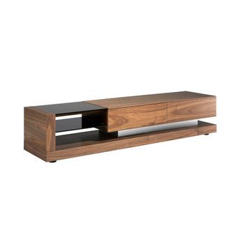 Mueble Tv Nogal, Acero Pulido Y Tapa De Cristal Negro Angel Cerdá 3139 200x45x38