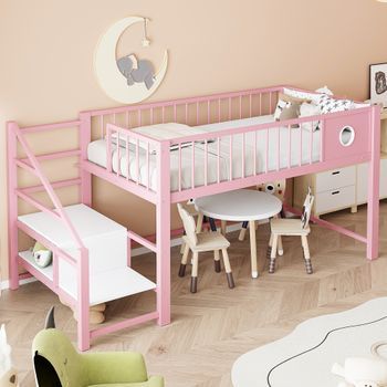 Cama Alta Baja 90 X 200 Cm Con Escalera De Almacenaje - Mdf + Metal - Carga Máxima 120 Kg - Rosa (colchón No Incluido)