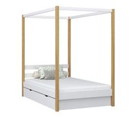 cama individual de madera con dosel y cajon n01 blanco  roble