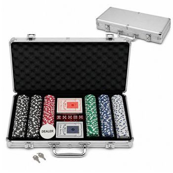 Maletín De Poker Profesional Con 300 Fichas, 2 Barajas, 5 Dados, Ficha Dealer Y Llave