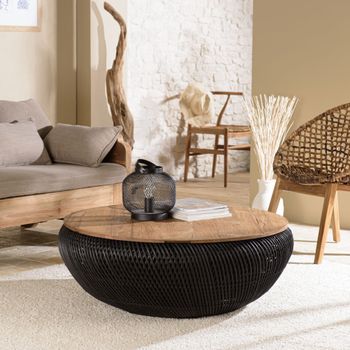 Mesa de centro redonda de ratán negro con tablero extraíble d100