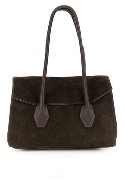 shopper de ante con solapa y asas de piel martelé dark brown