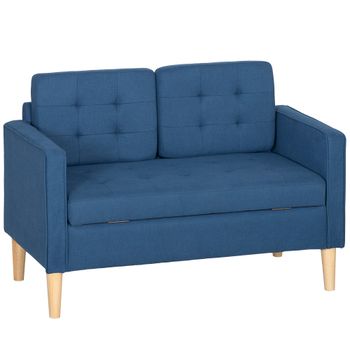HOMCOM Sofá de 2 plazas con almacenamiento, capitoné con botones, cojín, madera de caucho, 117x62x78cm, Azul   Aosom España