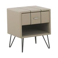 mesita de noche tapizada en piel sintetica beige con patas de horquilla 48 x 41 x 56 cm 1 cajon betin