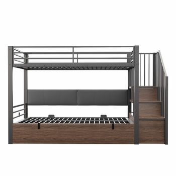 Litera Alta Metálica 90x200 Cm - Respaldo Tapizado En Pu, Función Hidráulica, Escalera De Seguridad Y Barandilla Alta De Protección - Negro