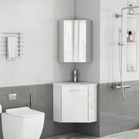 conjunto de bano esquinero con lavabo ceramico y espejo blanco brillante