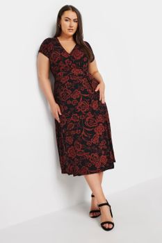 Yours Vestido Cruzado Negro Y Granate De Flores, Mujer Curvy Y Tallas Grandes, Yours