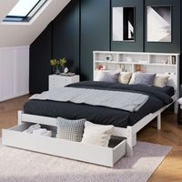 cama doble madera maciza 140x200 con cajones somier laminas estanteria adulto blanca