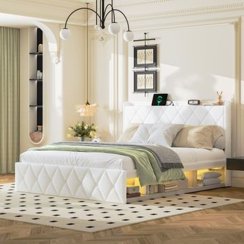 Cama Tapizada Con Usb, Led, 160x200 Cm, Felpa Blanca.