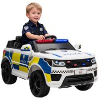 homcom coche electrico infantil de policia coche de bateria 12v con mando a distancia bluetooth luz usb sirena blanco