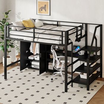 Litera Cama Infantil Doble 140x200 Cm Armario Estanterías Escalera + Escritorio Negro