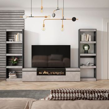 Mueble tv efecto madera cemento 320x35x186 chimenea efecto fuego