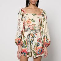 farm rio floral-print linen-blend romper - xs