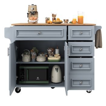 Isla De Cocina Azul Claro Con Mesa Abatible Y Cajones, 110x75x92cm, Mdf Y Metal