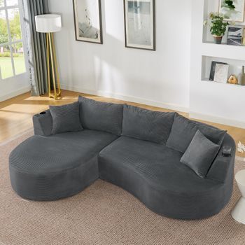 Canapé De Esquina De 3 Plazas Con Chaise Longue Izquierda, Diseño Curvado, Tejido Acanalado, Portavasos, Cojines Incluidos, Al Vacío, Gris, Para Salón Y Estancia