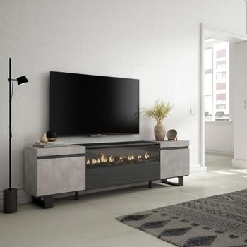 Mueble tv efecto madera cemento 200x35x57cm chimenea efecto fuego