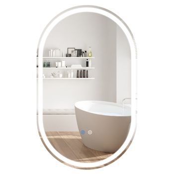 Costway Espejo Iluminado Pared Baño 90x55cm Ovalado Sin Marco LED Trasera 3 Modos Color Ajustable Antivaho Vidrio Templado HD